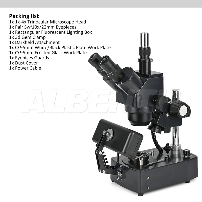 Albenth 10X-40X Jewelry Gem Trinocular Stereo Microscope on Pillar Stand Albenth 10X-40X Jewelry Gem Trinocular Stereo Microscope on Pillar Stand