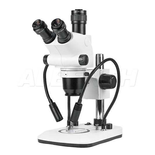 Albenth 6.5X-65X Zoom Stereo Trinocular Microscope on Pole Stand Gooseneck Light