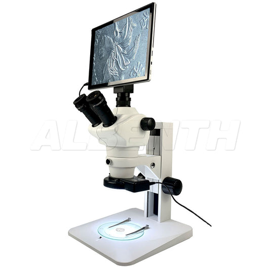 Albenth 9.7 inch LCD 5.0MP 0.8X - 5X Zoom digital stereo microscope with 80 LEDs ring light, digital stereo microscope
