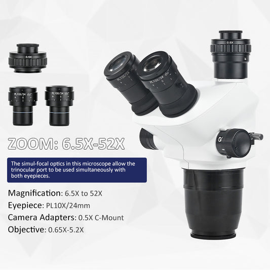 Albenth 6.5X-52X Trinocular Zoom Stereo Microscope Head With 0:100 Light Split 24mm Larger Field Eyepiece