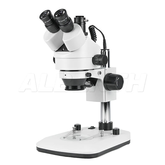 Albenth 7X-45X Trinocular Pillar Stand Zoom Stereo Microscope with Top and Bottom LED Light