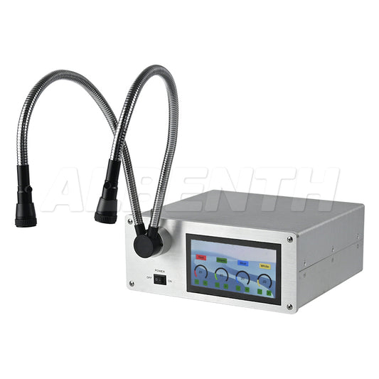 20W 6400K Color-mixing RGB LED Illuminator LED Fiber Optic Cold Light Source White/Red/Green/Blue Digital Adjustable Dual Gooseneck RGBW Quad-Color COB LED Microscope Illuminator 100–240V