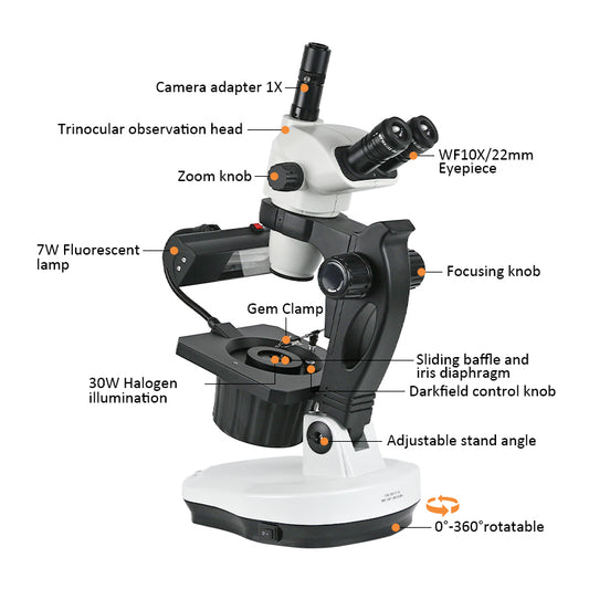 Albenth 6.7X-45X Magnification Professional Advanced Jewel Gem Zoom Trinocular Stereo Microscope on Track Stand