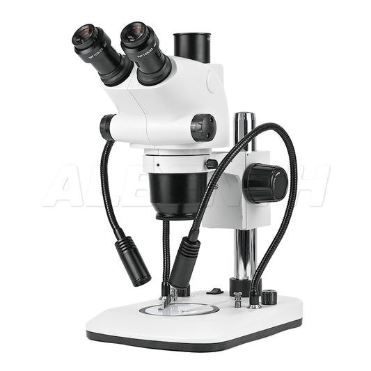 Albenth 6.5X-65X Zoom Stereo Trinocular Microscope on Pole Stand Gooseneck Light