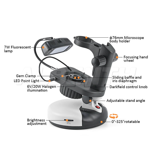 Rotating Gem Stereo Microscope Stand with Darkfield Stage Transmitted and Incident Light, Tiltable 325° Rotatable Base