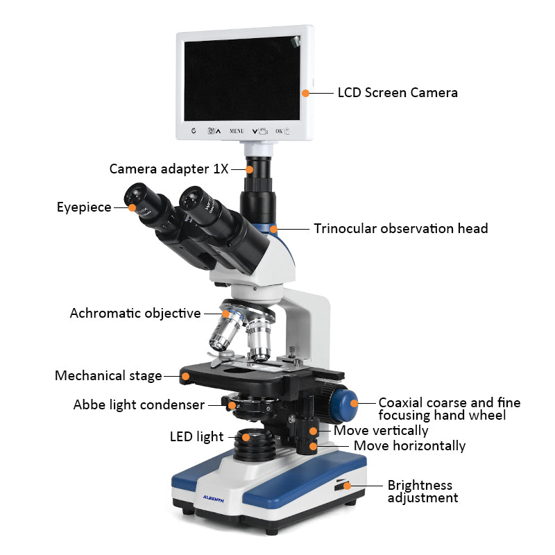 Albenth 40X-2500X 2MP HD Professional Trinocular Biological Microscope LED Digital Microscope + 7" LCD Screen+USBCabl
