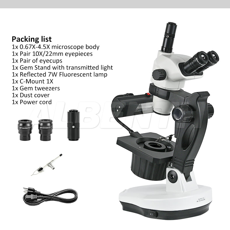 Albenth 6.7X-45X Magnification Professional Advanced Jewel Gem Zoom Binocular Stereo Microscope on Track Stand