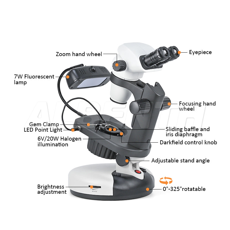 Albenth 6.7X-45X Binocular Zoom Stereo Gemological Jewelry Microscope Track Stand Microscopes