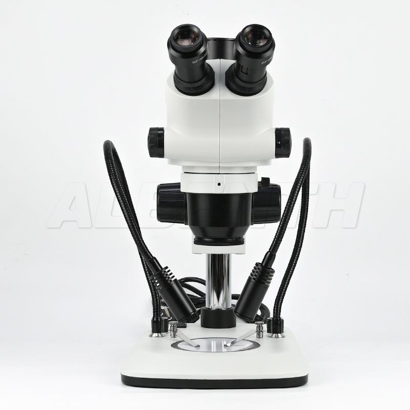Albenth 6.5X-65X Zoom Stereo Trinocular Microscope on Pole Stand Gooseneck Light