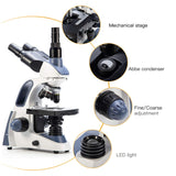 Swift SW380T 40X-2500X Magnification, Siedentopf Head, Research-Grade Trinocular Microscope Compound Lab with Wide-Field 10X/25X Eyepieces, Mechanical Stage, Ultra-Precise Focusing