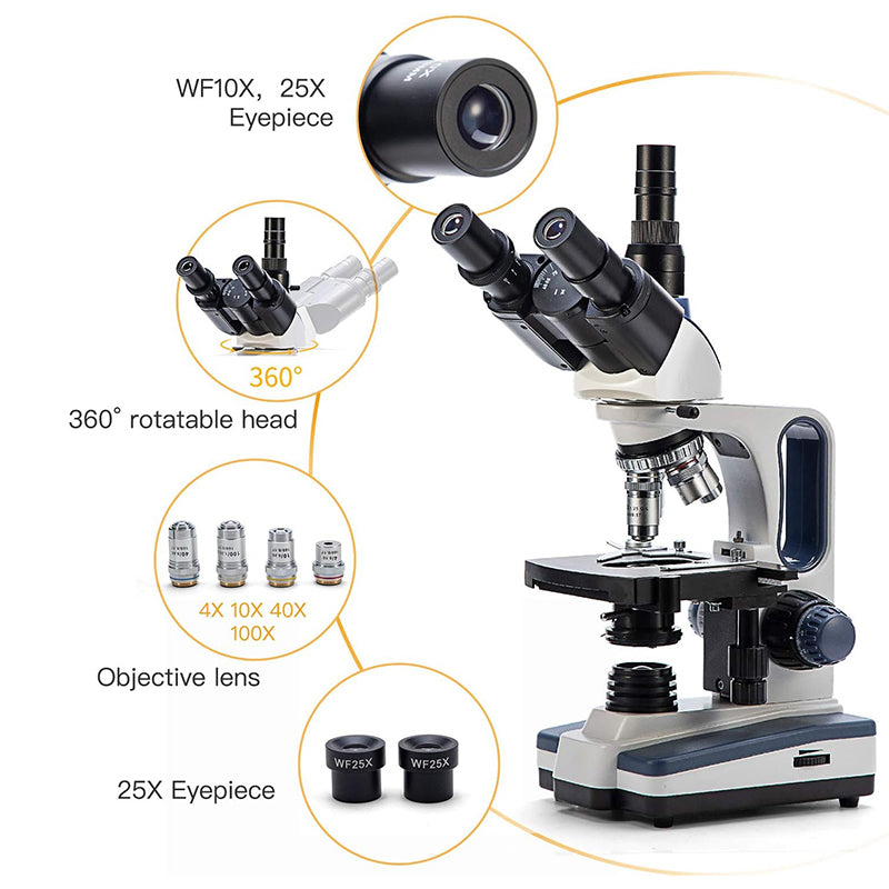SWIFT SW350T 40X-2500X Trinocular Microscope With 3.1MP/5.1MP/10MP Camera, 10X 25X Eyepieces, Mechanical Stage, Abbe Condenser