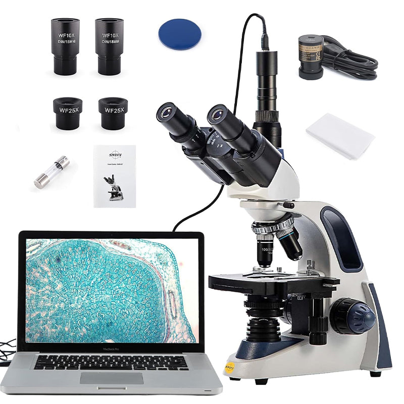 SWIFT SW380T Compound Trinocular Microscope, 40X-2500X Magnification, Two-Layer Mechanical Stage, 5.0 MP Camera and Software Windows/Mac Compatible