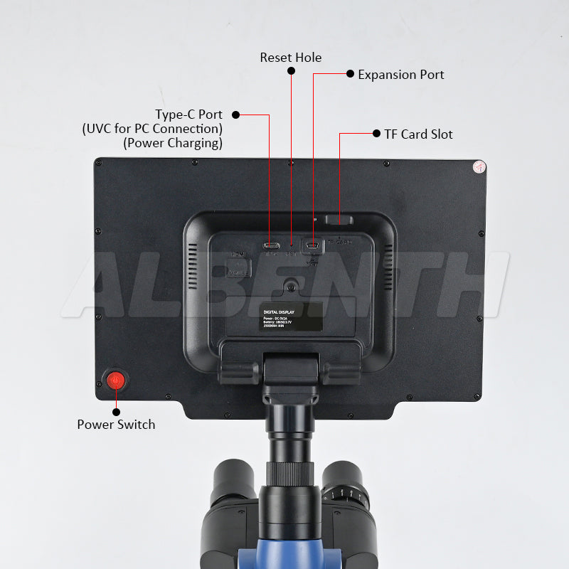 Albenth 2MP/4MP 10" Screen LCD Professional Digital Trinocular Biological Microscope, LED Light 40X-2500X Magnification, Two-Layer Mechanical Stage