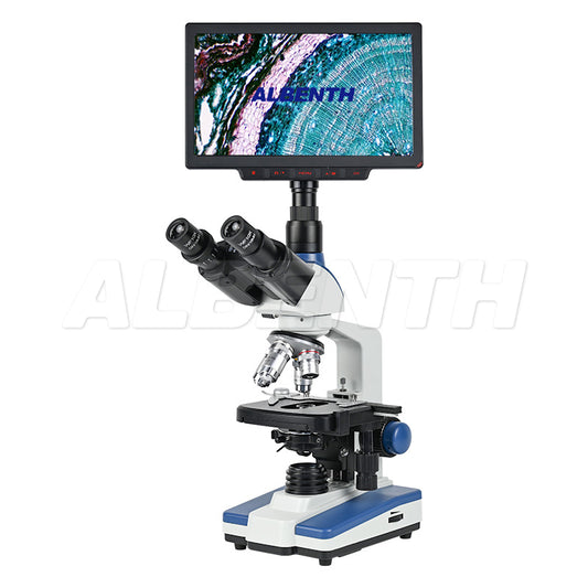 Albenth 2MP/4MP 10" Screen LCD Professional Digital Trinocular Biological Microscope, LED Light 40X-2500X Magnification, Two-Layer Mechanical Stage
