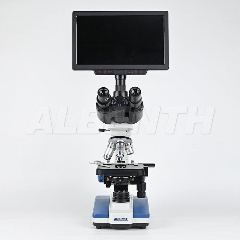 Albenth 2MP/4MP 10" Screen LCD Professional Digital Trinocular Biological Microscope, LED Light 40X-2500X Magnification, Two-Layer Mechanical Stage