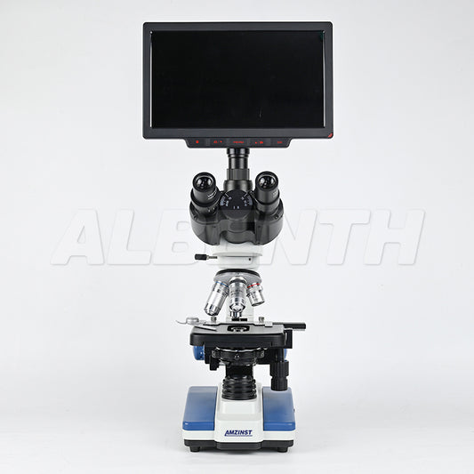 Albenth 2MP/4MP 10" Screen LCD Professional Digital Trinocular Biological Microscope, LED Light 40X-2500X Magnification, Two-Layer Mechanical Stage