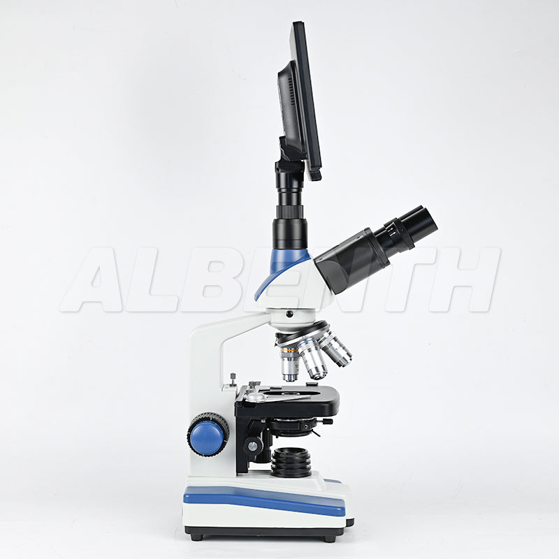 Albenth 2MP/4MP 10" Screen LCD Professional Digital Trinocular Biological Microscope, LED Light 40X-2500X Magnification, Two-Layer Mechanical Stage