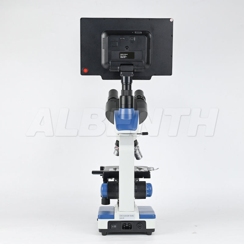 Albenth 2MP/4MP 10" Screen LCD Professional Digital Trinocular Biological Microscope, LED Light 40X-2500X Magnification, Two-Layer Mechanical Stage