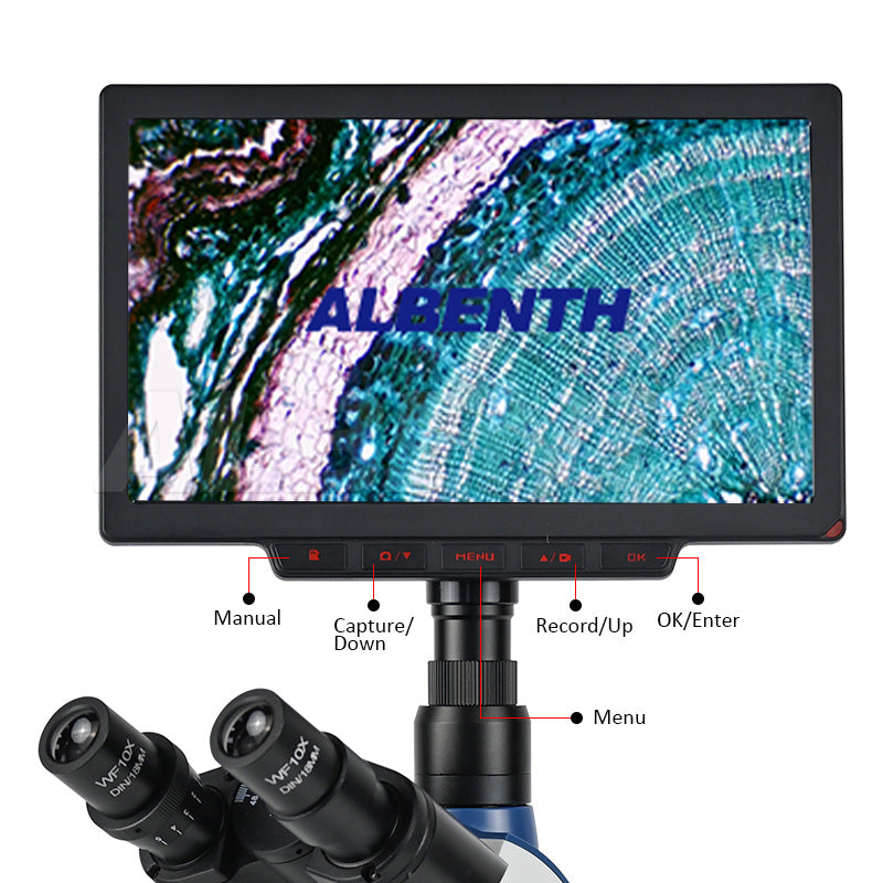 Albenth 2MP/4MP 10" Screen LCD Professional Digital Trinocular Biological Microscope, LED Light 40X-2500X Magnification, Two-Layer Mechanical Stage
